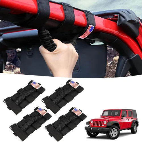 GAIZON Paquete de 4 asas de agarre con paracord para barra enrollable para accesorios de Jeep Wrangler CJ YJ TJ JL JK LJ JLU JKU Sahara Freedom Negro