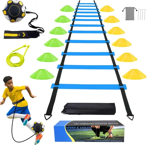 Soccer Agility Training Equipment Set, Soccer Accessories 12 Rung 20Ft Agility Ladder, 12 Disc Cones, Solo Soccer Trainer, Jump Rope - Speed