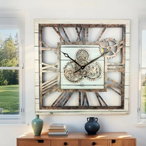 Miniatura 3 de ImprovingLife The Gears Clock - Reloj de pared cuadrado con engranaje móvil real de 24 pulgadas, estilo vintage, industrial, de gran tamaño, casa