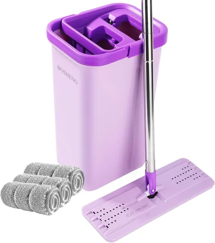 Miniatura 8 de BOSHENG Juego de trapeador y balde con escurridor, trapeador plano de piso sin manos y cubeta, incluye 5 almohadillas de microfibra lavables, uso