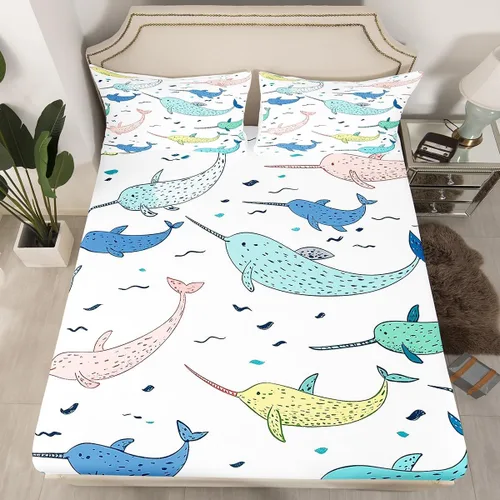 Juego de ropa de cama Narwhal Ocean Whale - Juego de sábanas bajeras náuticas costeras para niños y niñas, vida marina, animales de dibujos