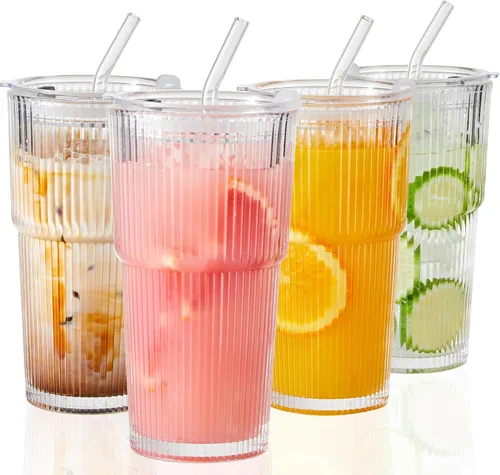 Wells Vasos de vidrio de 20 onzas con tapas y pajitas, tazas de café helado acanaladas, vaso de vidrio grueso, ideal para café, batidos, cócteles y