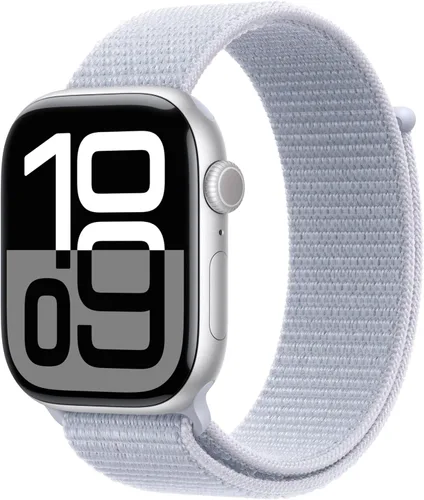 Apple Watch Series 10 [GPS, caja de 46 mm] SmartWatch con caja de aluminio plateado y correa Sport Loop de color azul nube. Rastreador de fitness,