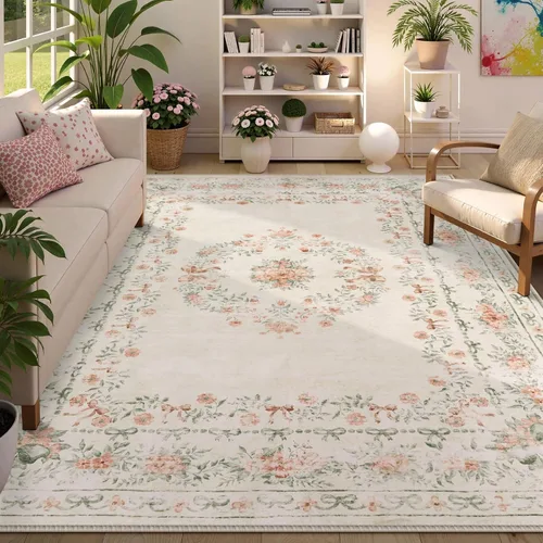 Miniatura 15 de Wonnitar Alfombras rosas para dormitorio, niñas, guardería, alfombra lavable con estampado floral de 5 x 7 pies, bohemio, ultrafina, antideslizante