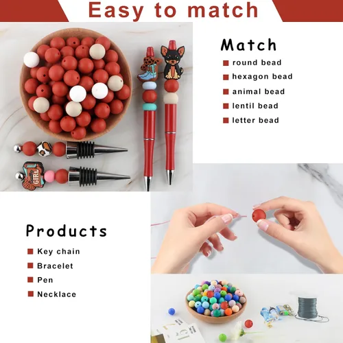 Miniatura 5 de Sunrony 70 cuentas de silicona para hacer collares, cuentas redondas de silicona a granel de 0.59 pulgadas para bolígrafos (rojo marrón)