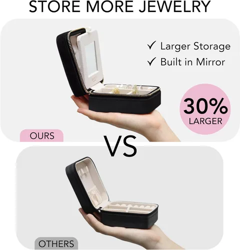 Miniatura 3 de BLUTETE Joyero de viaje organizador de terciopelo con anillos de espejo, aretes, collares, caja organizadora de almacenamiento (negro)