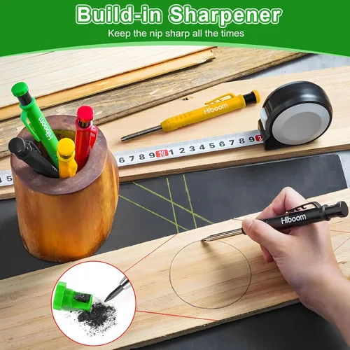 Miniatura 7 de Hiboom Juego de 3 lápices de carpintero con 24 recambios (Rojo, Negro, Amarillo), lápiz de construcción de 2,8 mm de alta resistencia con sacapuntas