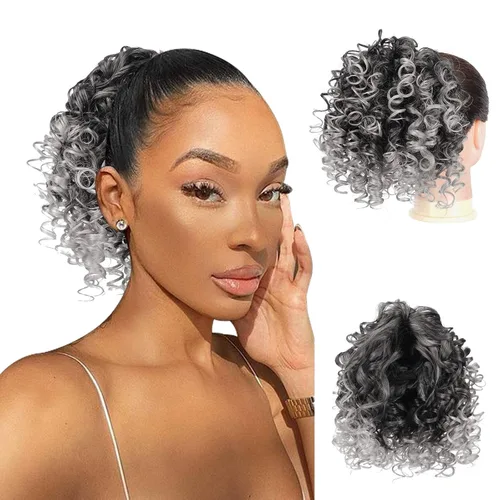 Miniatura 23 de PEACOCO Extensión de cola de caballo rizada con cordón para mujeres negras - Cola de caballo de 6 pulgadas con clip, postizo sintético de afro corto