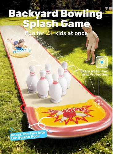 Miniatura 2 de Sloosh Juego de bolos de tobogán acuático de 20 pies, toboganes de agua y 2 bodyboards de verano con rociador integrado para diversión al aire libre