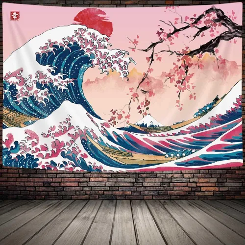 Miniatura 3 de MERCHR Tapiz de pared de flor de cerezo con sol rosa y rojo, olas del océano y escena de montaña, diseño de anime asiático para dormitorio, 60 x 40