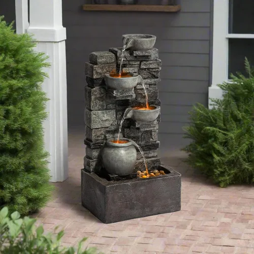 Miniatura 7 de Teamson Home Fuente de agua en cascada de piedra apilada de 4 niveles para exteriores de 28.5 pulgadas con luces LED, gris