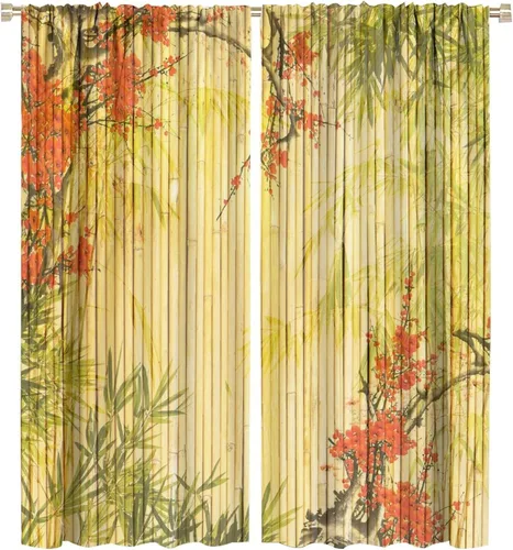 Miniatura 66 de Cortinas con estampado de bambú, tallos y hojas de bambú, temática oriental natural, oscurecimiento de habitación, ventana, ventana, cortina