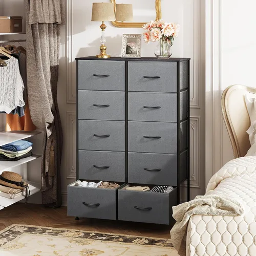 Miniatura 4 de WLIVE Cómoda gris para dormitorio con 10 cajones de tela, unidades organizadoras altas para sala de estar, ropa, armario, torre de almacenamiento