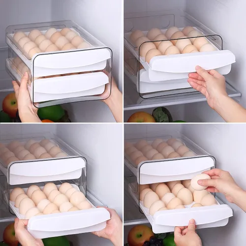 Miniatura 7 de HOMQUEN Soporte para huevos, plástico transparente, bandeja para huevos de 2 capas/40 rejillas y caja de almacenamiento fresca para refrigerador