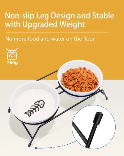 Miniatura 7 de Cuencos elevados antivómitos para gatos, 2 cuencos de cerámica para alimentos y agua para gatos de 13 onzas con soporte de acero inoxidable blanco