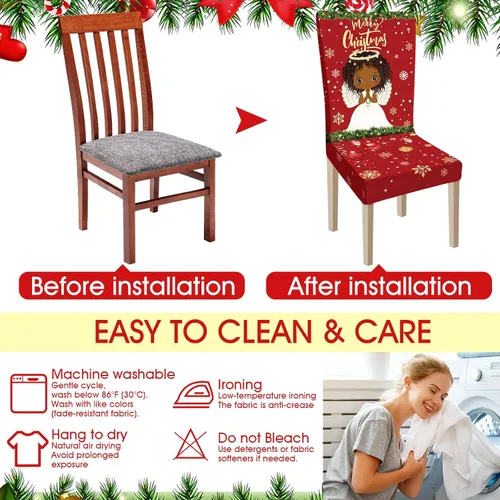 Miniatura 4 de Ganeen 6 piezas de fundas para sillas navideñas, funda para respaldo de silla de Navidad, funda elástica para asiento de Navidad lavable, protector