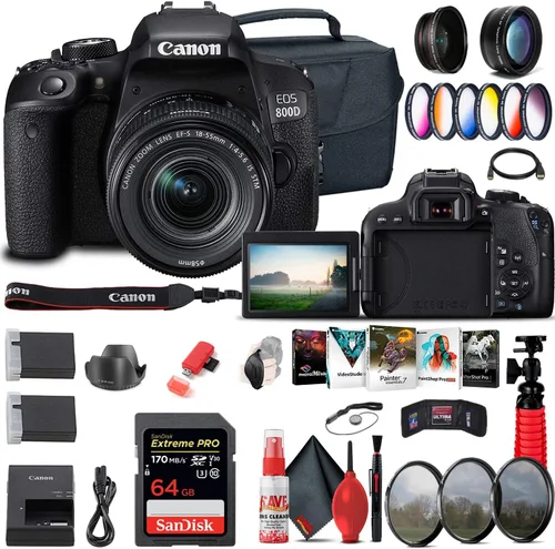 Canon Cámara DSLR EOS Rebel 800D/T7i con lente STM 18-55 4-5.6 is (1895C002) + tarjeta de 64 GB + kit de filtro de color + funda + software de foto