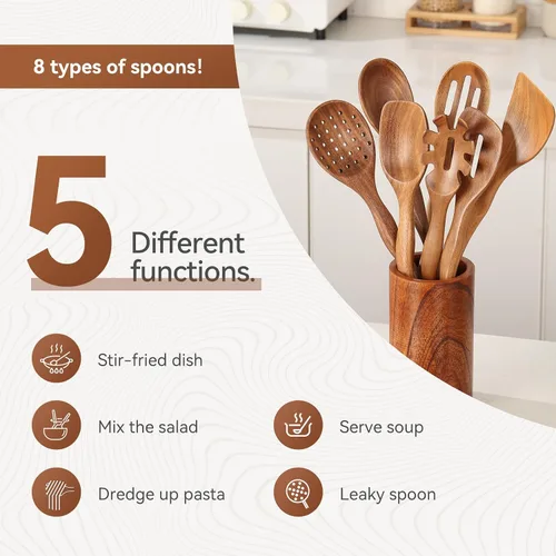 Miniatura 5 de 10 piezas de cucharas de madera para cocinar con reposa cucharas y soporte, juego de utensilios de cocina de madera de 12 pulgadas, utensilios