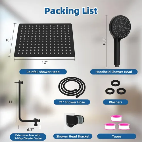 Miniatura 6 de Cabezal de ducha de metal de 12 pulgadas, cabezal de ducha de alta presión, cabezal de ducha de mano con brazo de extensión de ducha ajustable de 11