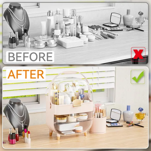 Miniatura 6 de Yieach Organizador de maquillaje de encimera para tocador, organizador de cuidado de la piel de gran capacidad con cajones y soporte para brochas