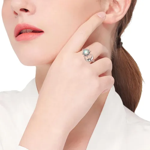 Miniatura 5 de Anillo de ópalo con sol y luna ajustable, plata de ley 925, con cara de luna creciente, regalo de joyería vintage para mujer