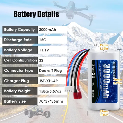 Miniatura 2 de Batería de iones de litio de 11.1 V 3000 mAh para R608 sin escobillas RC Boat 15C 3000mAh Batería RC de alta capacidad con enchufe T estilo Dean