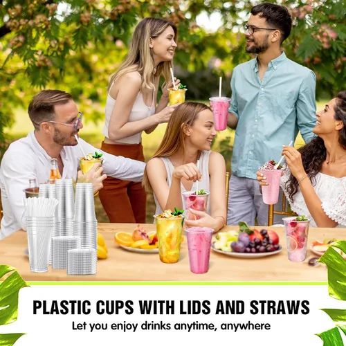 Miniatura 3 de Eaasty Juego de 50 vasos de plástico transparente de 20 onzas con cuchara, pajitas y tapas planas, desechables, para café helado, postre, yogur
