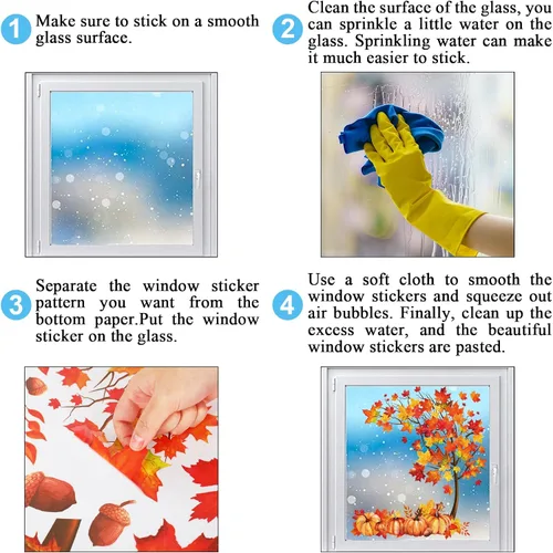 Miniatura 6 de Whaline 6 Hojas de Calcomanías de Hojas de Arce Otoñales para Ventanas Acción de Gracias Acuarela Árbol de Arce Hojas Naranja-Marrón Calabazas