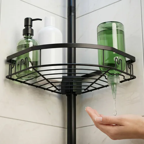 Miniatura 8 de Poste de tensión ajustable para ducha, organizador de baño de esquina de 4 niveles con bandejas de jabón y soporte para cepillos de dientes, estante