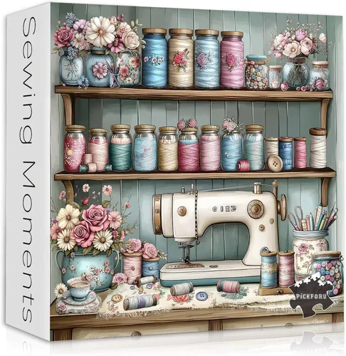 PICKFORU - Rompecabezas de 1000 piezas para adultos, máquina de coser vintage, rompecabezas de costura PICKFORU con hilo de flores, taza de té,
