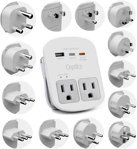 Miniatura 4 de Kit de adaptador de viaje mundial Ceptics - QC 3.0 USB dual + tomas duales EE. UU., protección contra sobretensiones, perfecto para Europa, Reino