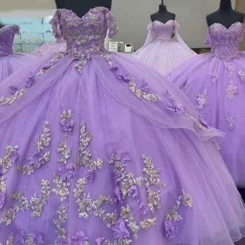 Miniatura 7 de Mauuwy Vestidos de quinceañera florales en 3D, vestido de baile de tul brillante hinchado dulce 16 vestidos de encaje con hombros descubiertos