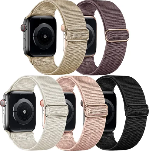 Miniatura 17 de 5 Pack de bandas elásticas de nylon compatibles con Apple Watch de 40 mm, 41 mm, 42 mm, 44 mm, 45 mm, 46 mm, 49 mm, 38 mm para mujeres y hombres