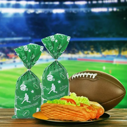 Miniatura 3 de Glodecart 100 bolsas de celofán de fútbol americano para decoración deportiva, fiestas, galletas, fútbol, deportes, bolsas de dulces con lazos