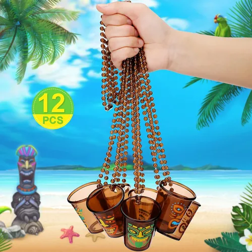Miniatura 3 de Janmercy 12 vasos de chupito Tiki en collar de cuentas, collares hawaianos de vidrio de plástico marrón divertido Tiki Shot collar tazas para verano