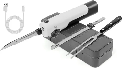 Cuchillo Eléctrico Inalámbrico Recargable, Cuchillo de Tallado Eléctrico para Cortar Carnes, Aves, Pan, Espuma para Manualidades, Incluye Tenedor de