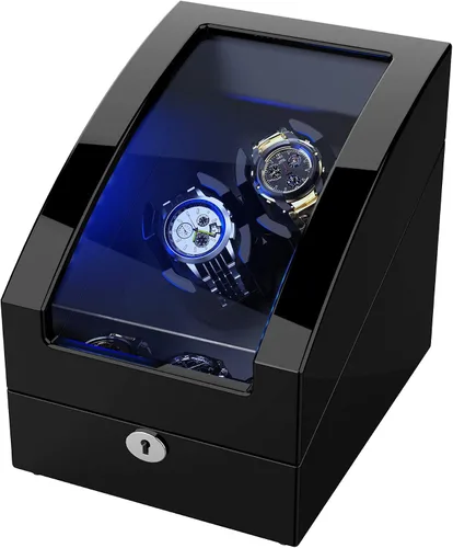 Miniatura 2 de TRIPLE TREE Bobinadora de reloj doble + 3 almohadas de reloj de cuero suave LED automáticos, caja de bobinado de madera con carcasa de madera