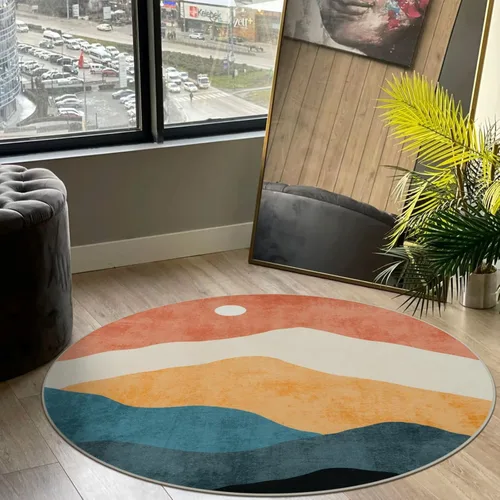 Alfombras abstractas redondas de 5 pies para dormitorio, alfombra circular lavable antideslizante, alfombra de piso suave y colorida de pelo bajo,
