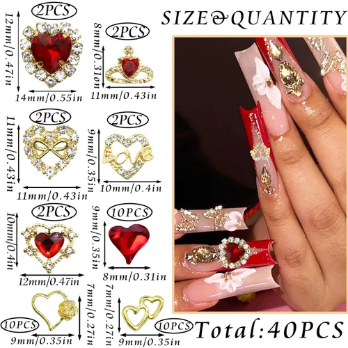 Miniatura 3 de RODAKY 40 dijes de uñas de corazón de cristal rojo, gemas de uñas para el día de San Valentín para uñas, arte de lujo, accesorios de decoración