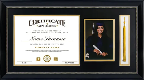 Marco de fotos GraduatePro - Marco negro con borde dorado, 11x22 pulgadas, para documento/certificado y foto de 5x7, doble paspartú, vidrio real,