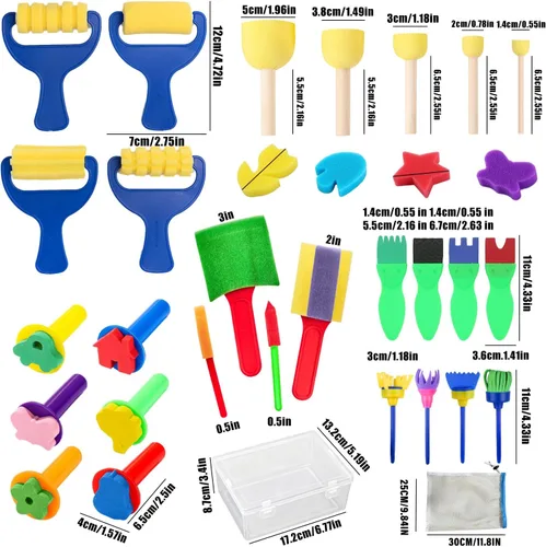 Miniatura 8 de Paquete de 53 pinceles de esponja para pintura, pinceles de pintura lavables, juego de pintura para niños pequeños, rodillo de espuma de aprendizaje