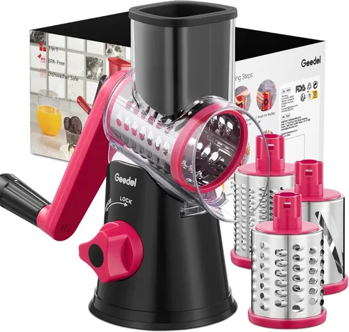 Geedel Rallador rotativo de queso, cortador de verduras de mandolina de cocina con 3 cuchillas intercambiables, fácil de limpiar, rallador giratorio