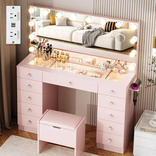 Miniatura 9 de VOWNER Tocador con espejo iluminado - Escritorio de maquillaje con luces y 11 cajones, 3 modos de iluminación de color con brillo ajustable