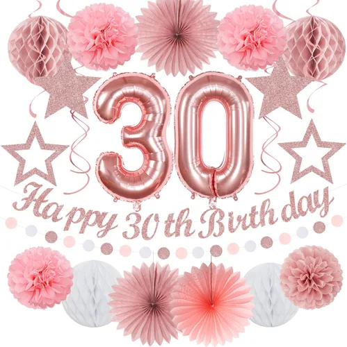 Miniatura 11 de Cartel de feliz cumpleaños rosa y negro para decoración de fiesta – 31 piezas de oro rosa 14º 40º para mujeres y niñas, faroles de papel