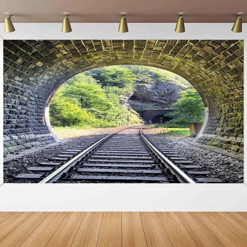 Telón de fondo de pista de tren de 5 x 3 pies, túnel de montaña, ladrillo vintage, Sunmmer, paisaje, árboles verdes, sol, adulto, hombre, niño,
