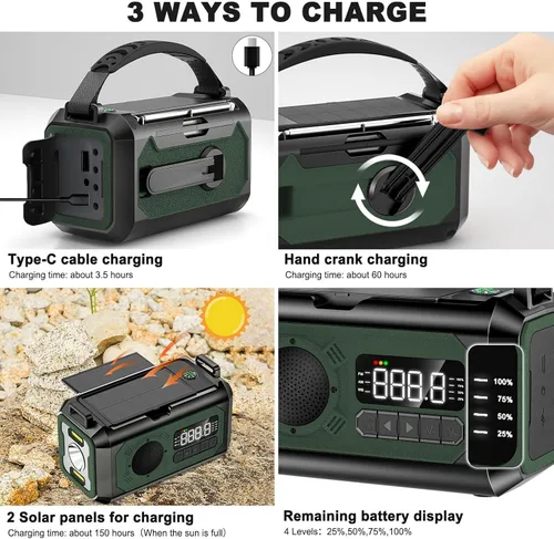 Miniatura 2 de Radio de emergencia de 44400 mWh/12000 mAh, radio solar portátil con manivela AM/FM/NOAA Radio meteorológica con 2 paneles solares, 3 métodos