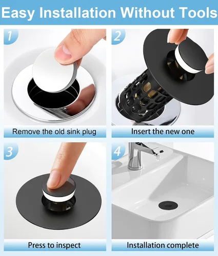 Miniatura 5 de QYHNYJF Tapón de lavabo de baño mejorado con recogedor de pelo, tapón de drenaje universal emergente, sello de acero inoxidable y silicona