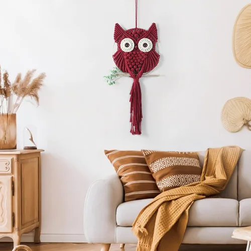 Miniatura 3 de MVSUTA Owl Burgundy Cotton Handmade Macrame Wall Hanging Tapestry Home Decor Art and Red Craft Wonderful Decoration Woven Boho Ornament for Office