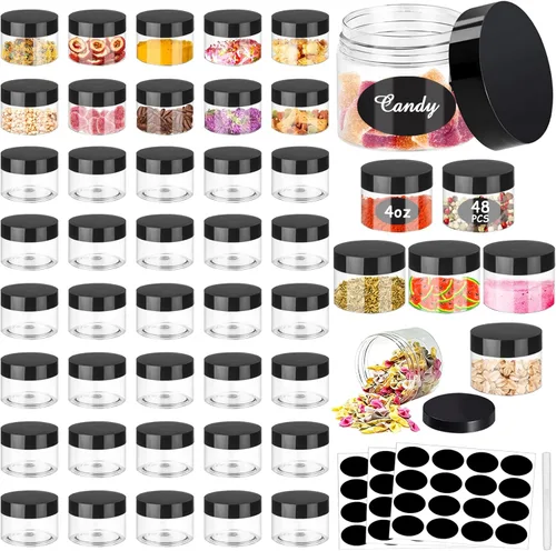 SLifeJars Tarros de plástico de 4 onzas, 48 frascos redondos transparentes de boca ancha con tapas negras, tarro de limo vacío, recargable,