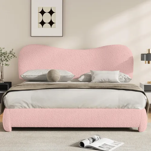 Miniatura 10 de Kelway Base de cama tamaño Queen Boucle tapizada con cabecera ajustable curvada, no necesita somier, color beige